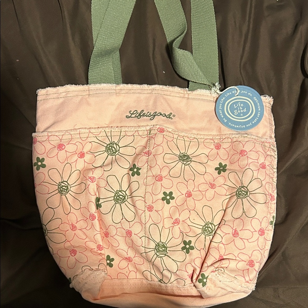 Life Is Good Peach and Green Floral Tote